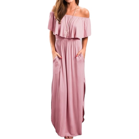 Dresses & Skirts - MAUVE Flowy Off The Shoulder Ruffle Party Dress Side Split Beach Maxi + POCKETS!